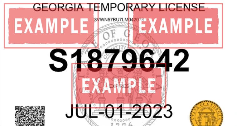 Ejemplo de placa temporal de Georgia con fecha y código QR