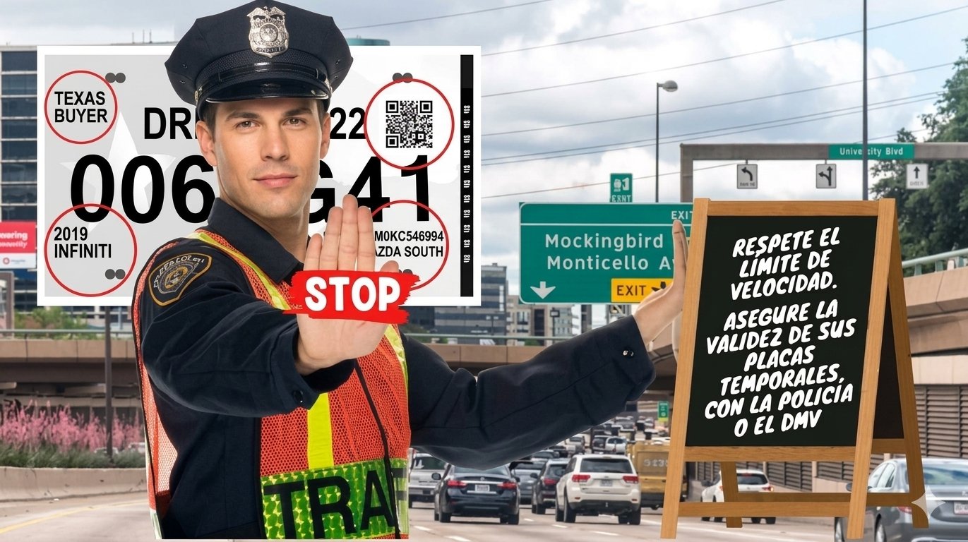 Policía de tránsito recordando respetar el límite de velocidad y llevar la placa temporal vigente