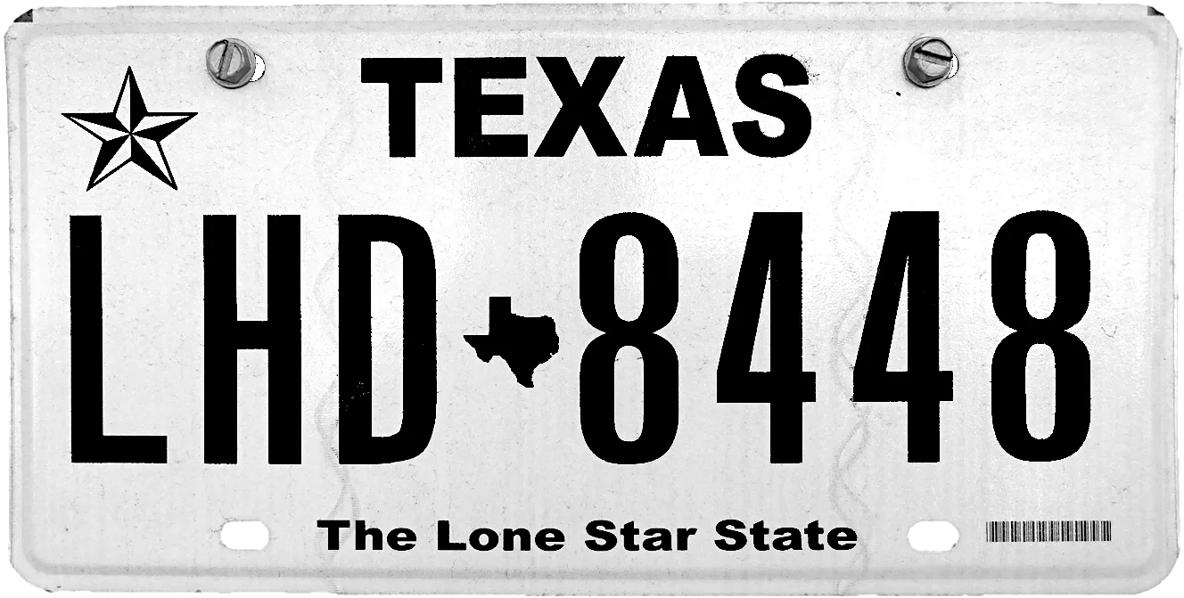 Placa metálica de pasajero de Texas en primer plano, la placa del vendedor que se devuelve o se maneja según el estado